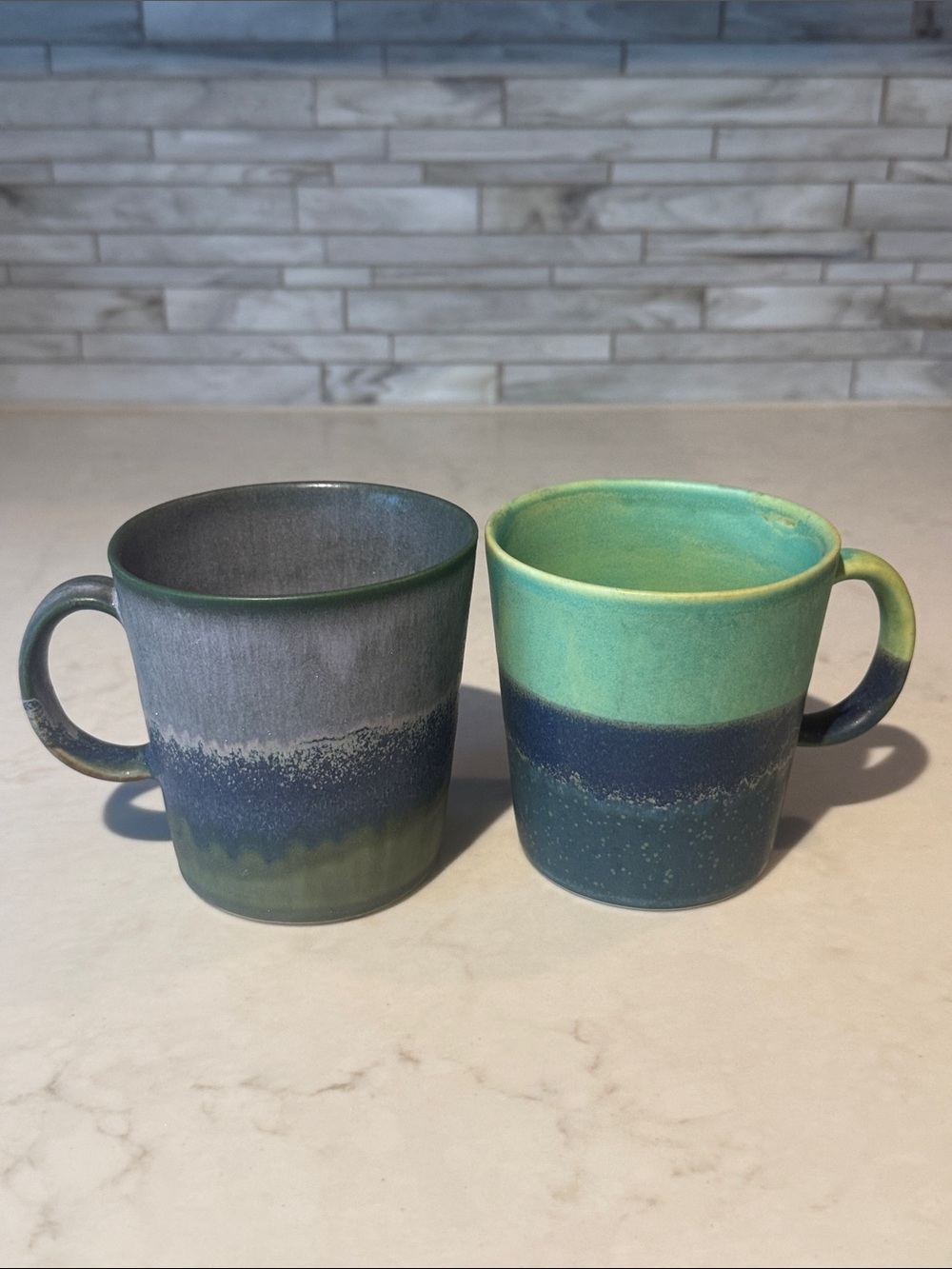 2 Purple Green Speckle Ombré Art Pottery Coffee Cups Mugs Signed